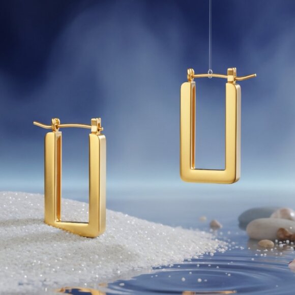 🆕️ Dainty Gold Rectangle Drop Earrings - 18K Plated 316L Minimalist Chic - Picture 1 of 12